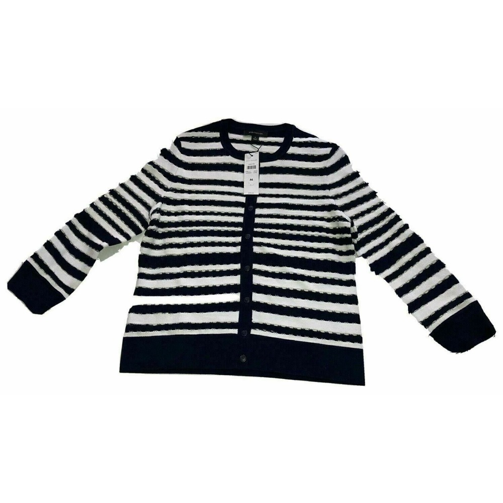 Ann Taylor Loft‎ Medium Cardigan Sweater Blue White Stripe Womens 3/4 Sleeve $98